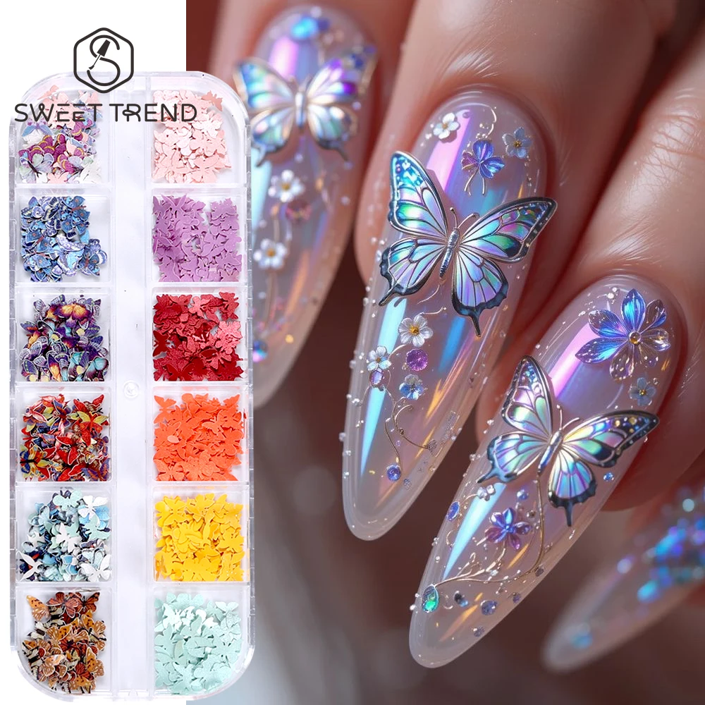 SWEET TREND-12 Grid Butterfly Filling Wood Pulp Slice 3D Colorful Butterfly Nail Decals Summer Flake DIY Manicure Accessories