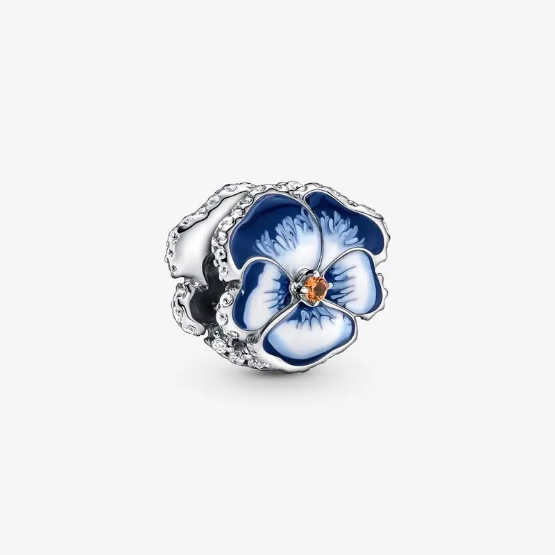 

925 Sterling Silver Blue Pansy Flower Charm Beads Fits Original Pandora Bracelets Necklace Bangle 2022 New Spring