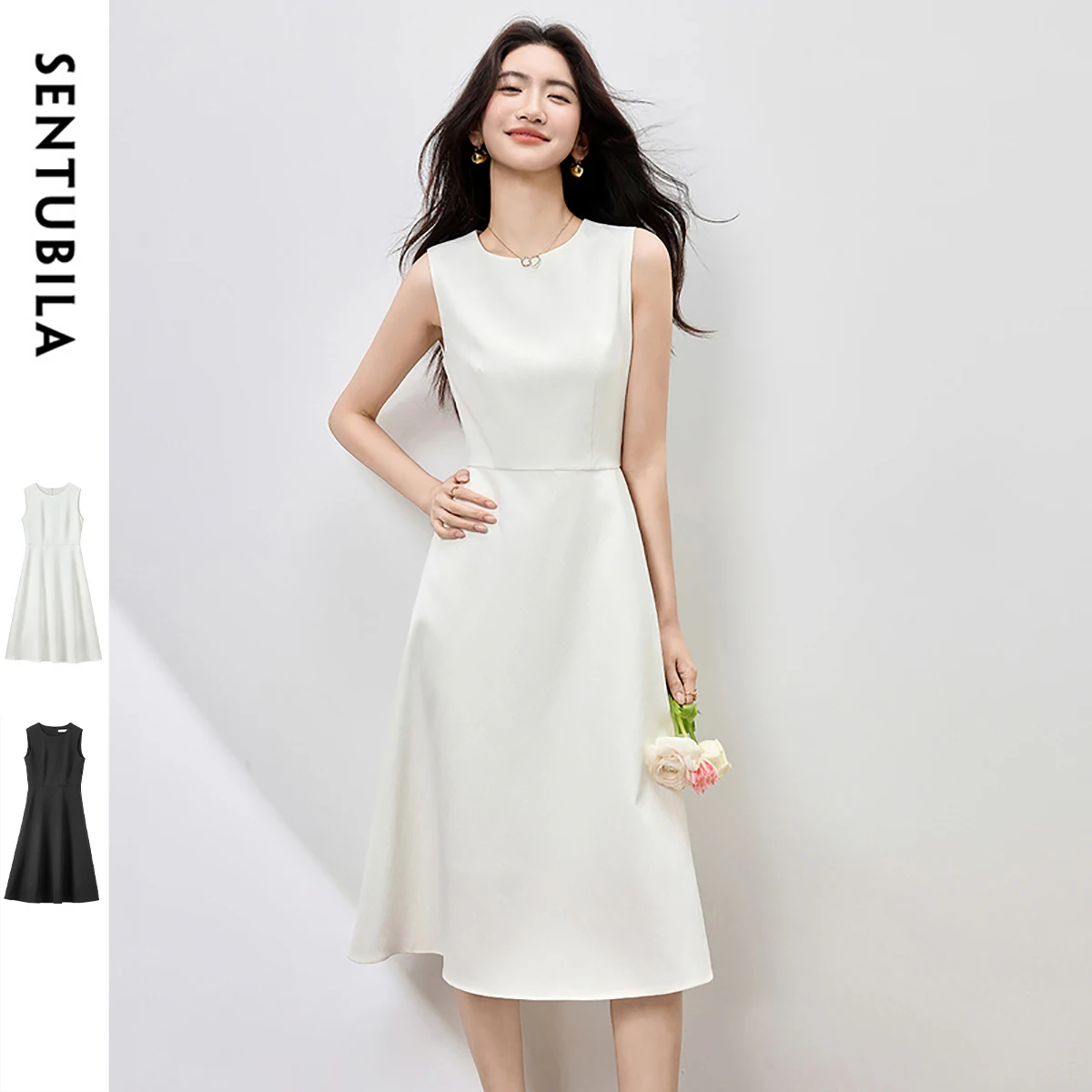 

SENTUBILA White Sleeveless Dresses 2025 Woman Summer Fashion Mid Length A-Line Elegant Midi Dress Lady Party Evening 152L59139