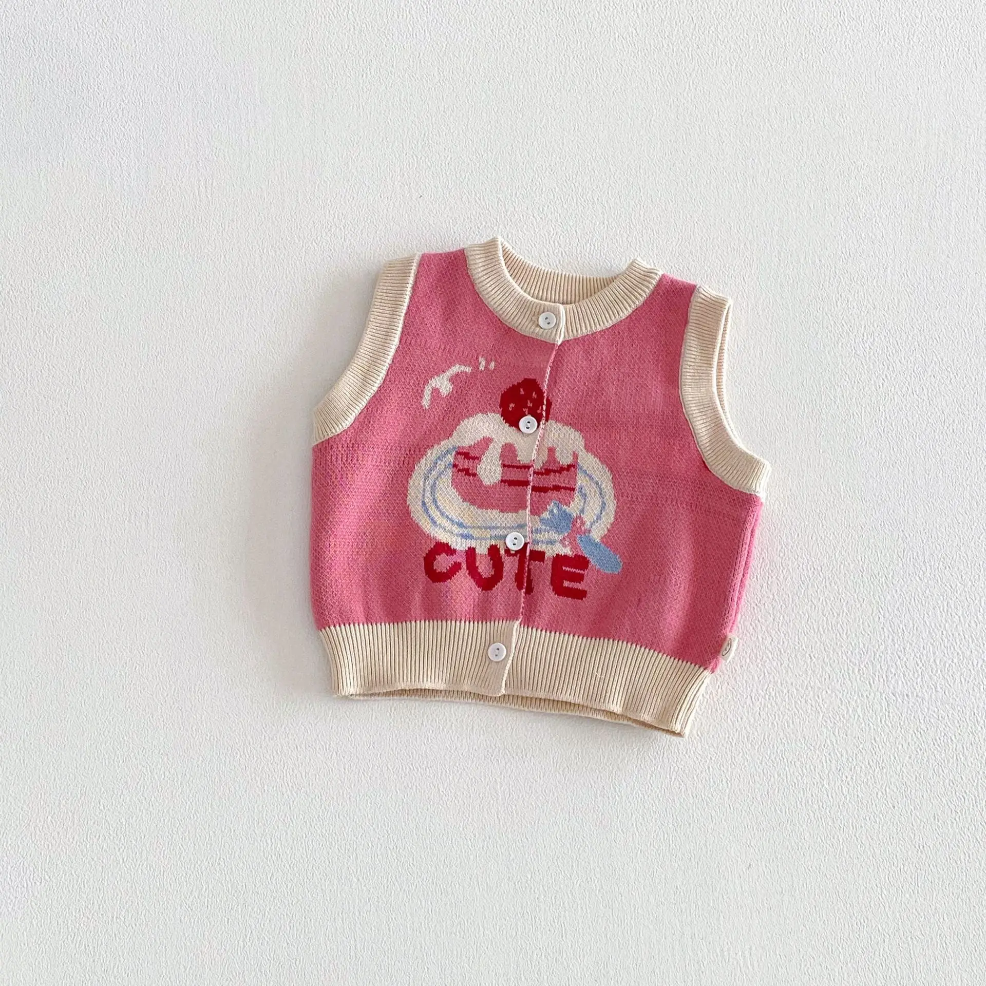 Kinder-Strickweste 2026 Frühling Mädchen Jungen Jacquard-Kuchen-Cardigan Koreanischer Stil Baby Kinder Bunter Kontrast Ärmelloser Pullover – Detail 6