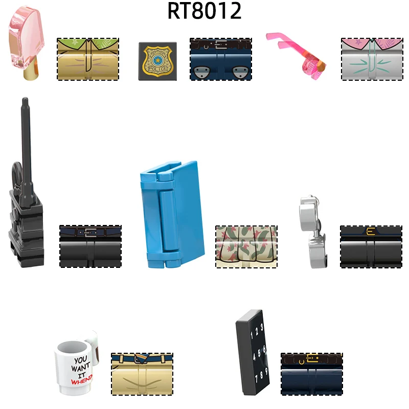 

The RT8012 Weapons Pants Hair Parts Action Figures Ice Cream Interphone Book Cup Phone Model Blocks MOC Bricks Set Gifts Toys