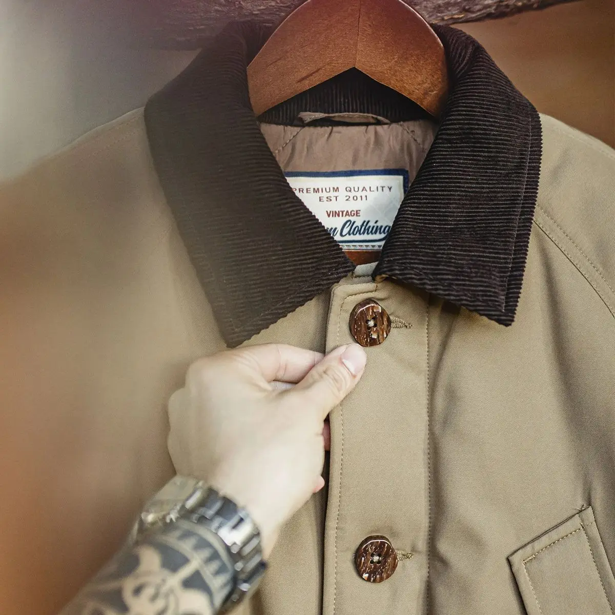 Maden Chaqueta Safari acolchada de algodón con cuello de pana vintage Abrigo cálido y grueso para hombre Abrigo versátil de otoño e invierno