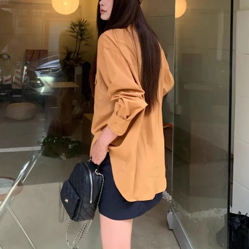 Korean Single-breasted Casual Orange Long-sleeved Shirt Women 2025 Autumn New Turn-down Collar Fashion All-match Loose Tops
