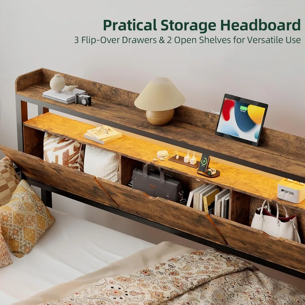 سرير نهاري مزدوج مع دولاب منبثق، سرير نهاري معدني مع قاعدة شحن، أضواء LED ولوح رأسي للتخزين، سرير أريكة مزدوج إلى كينج f #3