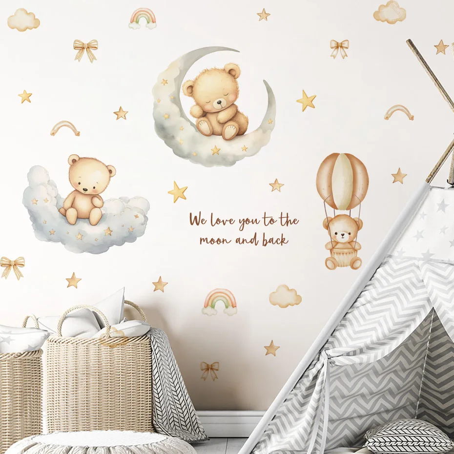 Cartoon Bear Good Night Kids Wall Stickers Baby Room Children Bedroom Wall Decals Clouds Moon Home Decoration Nursery Wallpaper