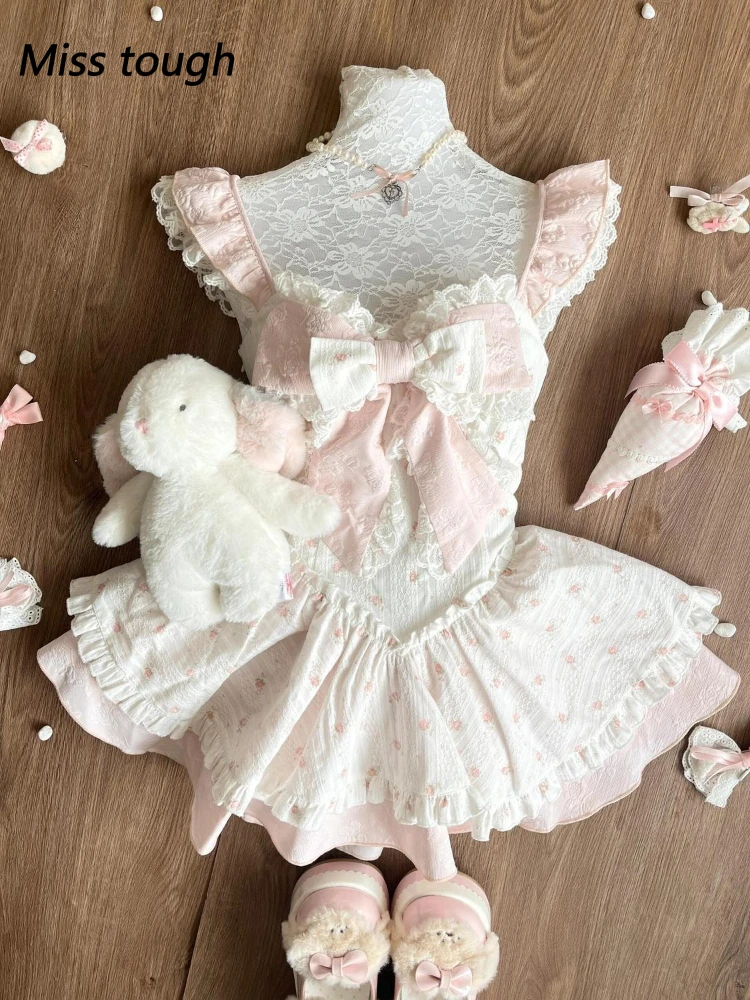 Summer Lace Princess Dress Sweet Girl Ruffle Sleeveless Dress Women Pink Bow Cute Lolita Style Mesh Layered Skirt Outfit Lovely