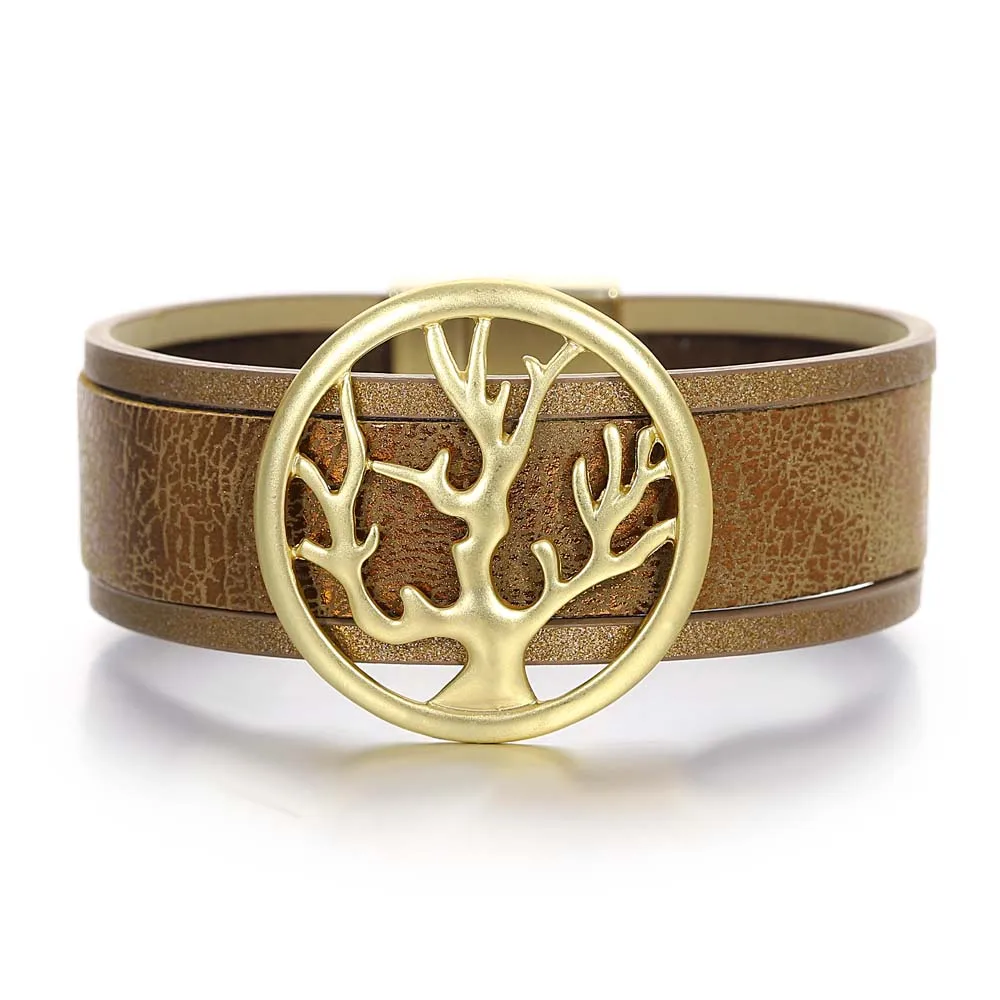 

Amorcome Vintage Metal Tree of Life Charm Leather Bracelets Women Trendy Cuff Wide Wrap Bracelet Summer Jewelry Holiday Gifts