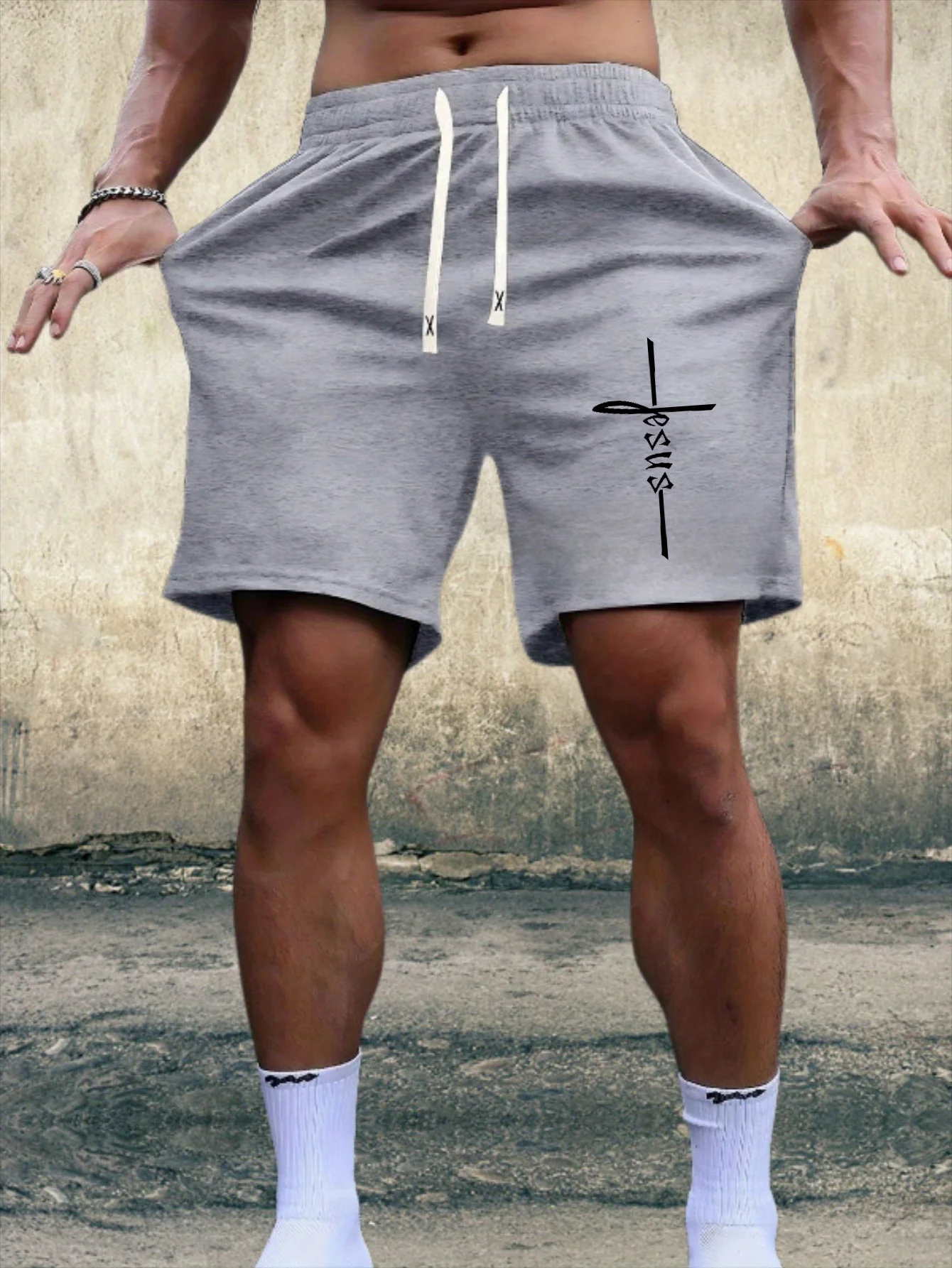 Personalized cross pattern printed men's shorts, summer casual home outdoor jogging breathable quick drying printed bottom pants
