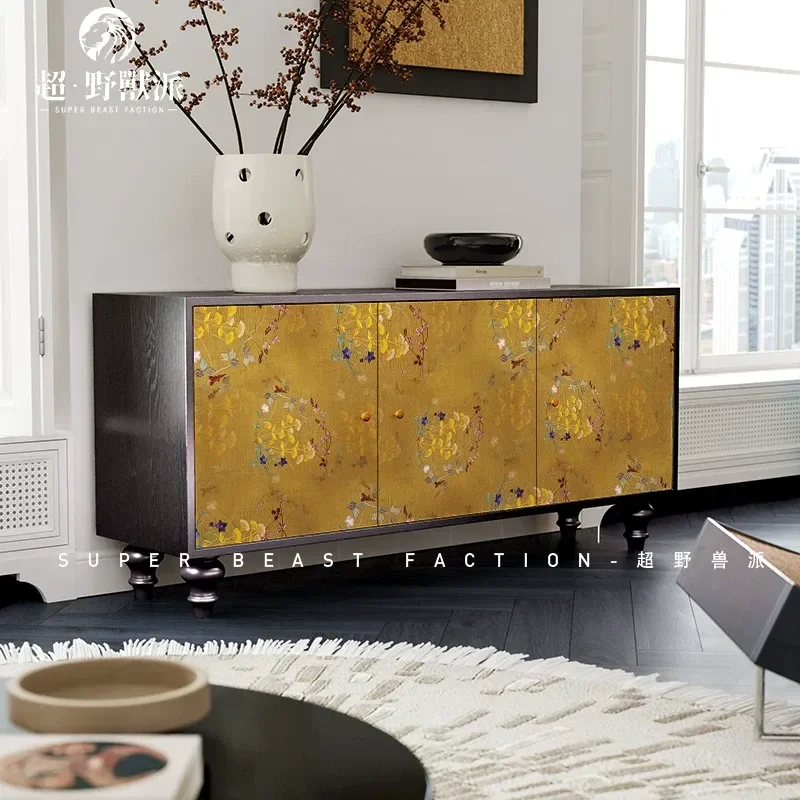 Chinese Style Solid Wood Chest Cabinet Living Room Locker Household Dining Side Cabinet Entrance Golden Flower Storage Locker