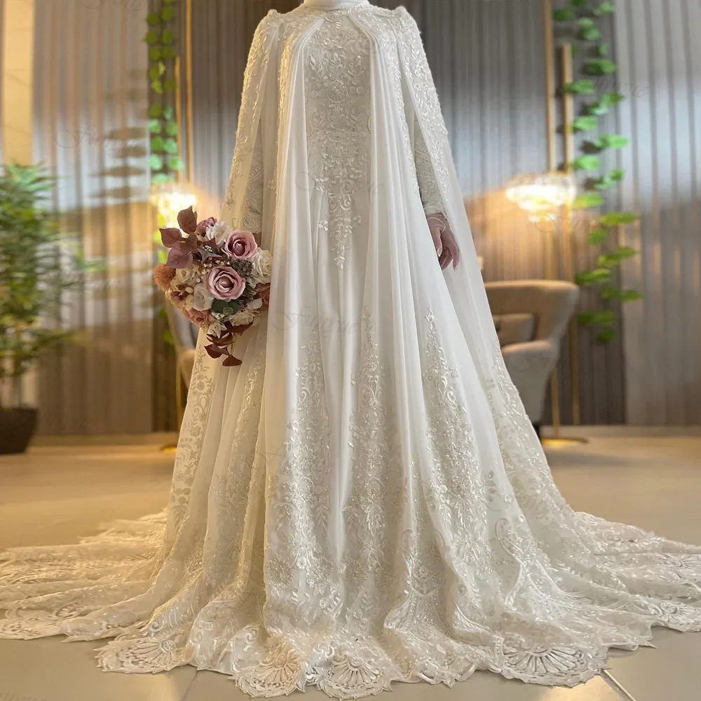 Islamic Muslim Wedding Dresses for Bride Full Sleeve High Neck Lace Bridal Gowns Arabic Dubai Robe De Mariée CPleated High Neck