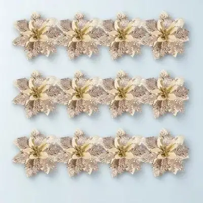 

12Pcs Christmas Glitter Poinsettia Flowers Artificial Ornaments Stems Clips Christmas Tree Decorations Holiday Party