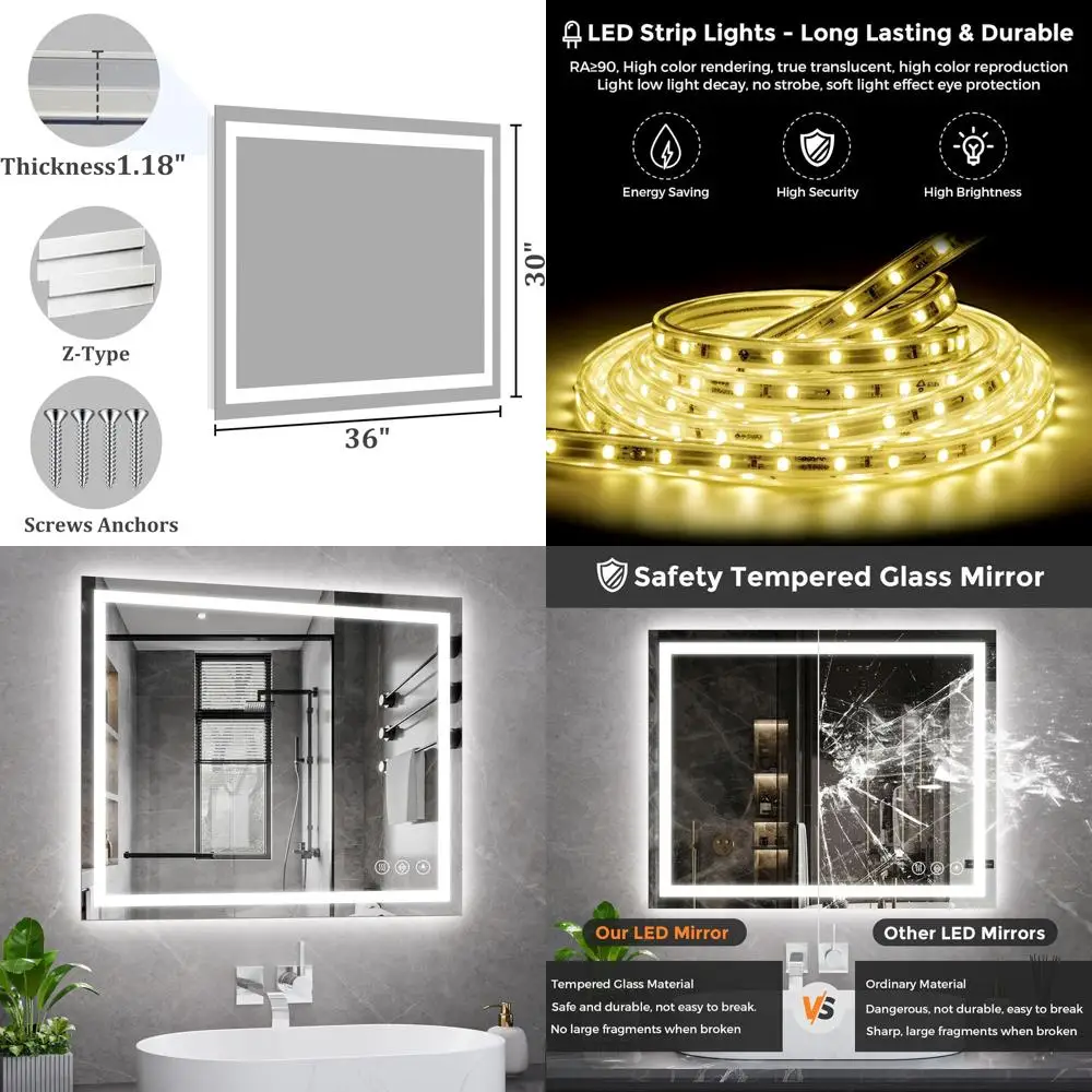 

Зеркало для ванной комнаты из закаленного стекла с подсветкой, 3-цветное, противотуманное, с регулируемой яркостью, функцией памяти