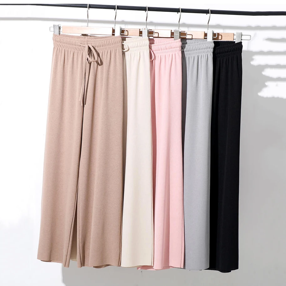 Slacks Women's Loose Summer Pants Soft Ice Silk Ankle-Length Black Wide Leg Pants Grey Khaki Women High Waisted Trousers 2024