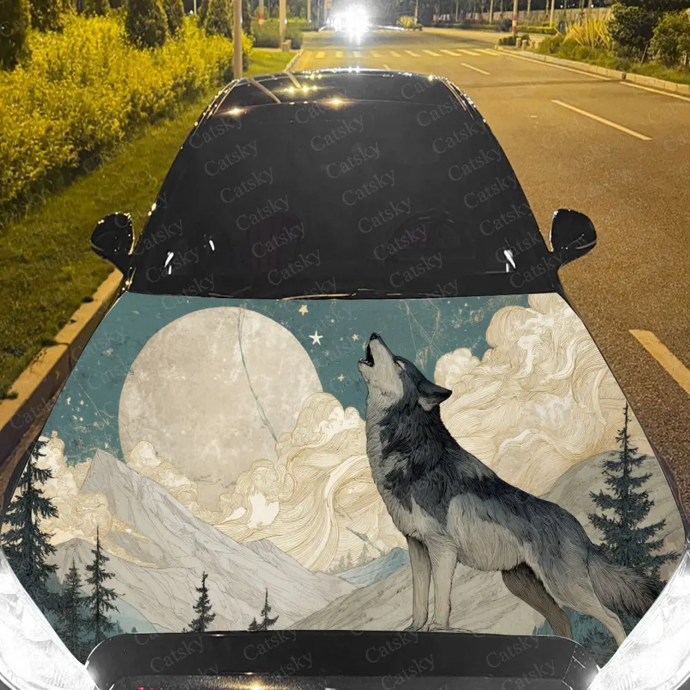 Enchanting Moonlit Wolf Car Hood Stickers - Self-Adhesive, Waterproof and Durable Vinyl Wrap, Decorate And Protect Your Car - Th