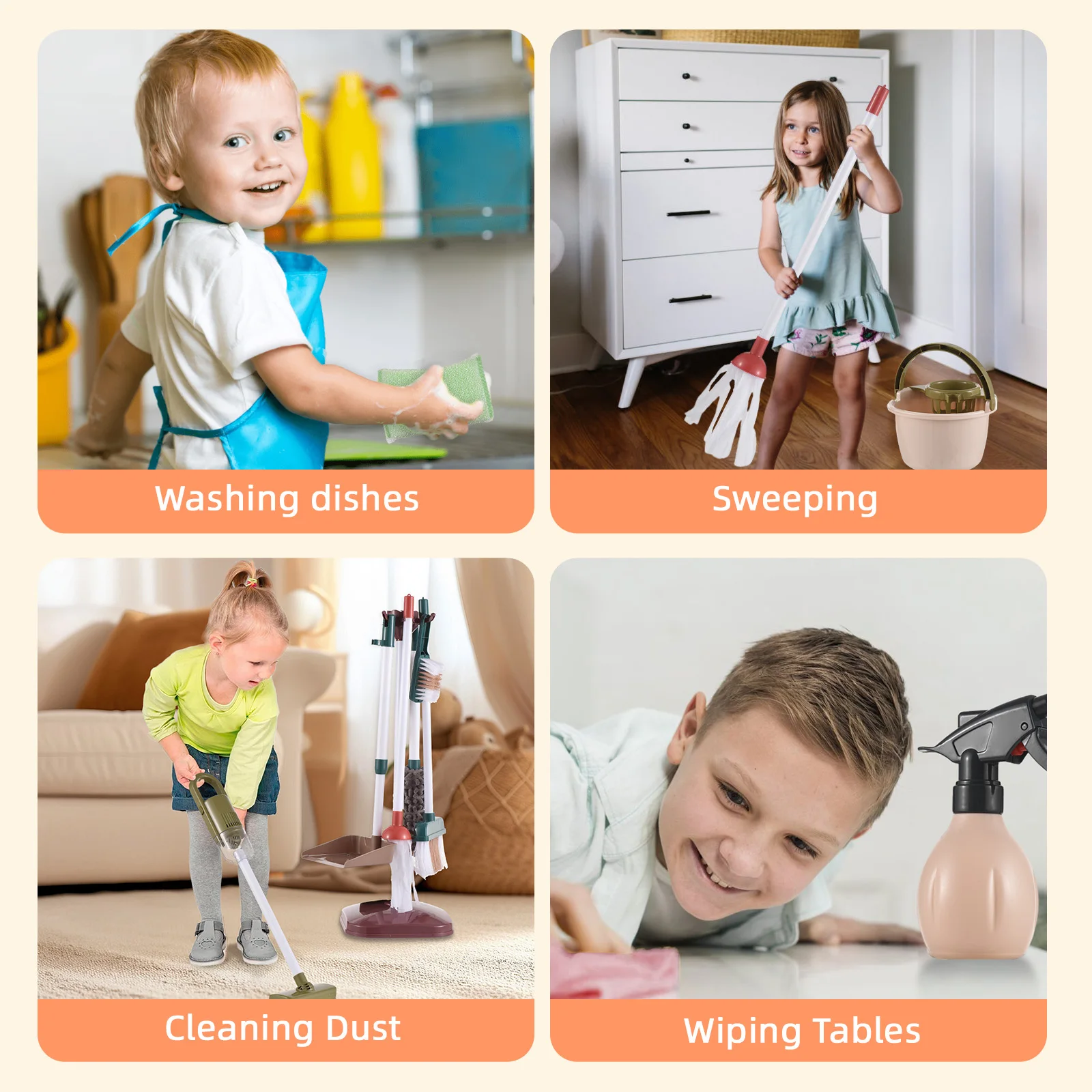 Juego de limpieza para niños, juego de limpieza con aspiradora, escoba, fregona, recogedor, cubo, cepillo, juego de juguetes de limpieza