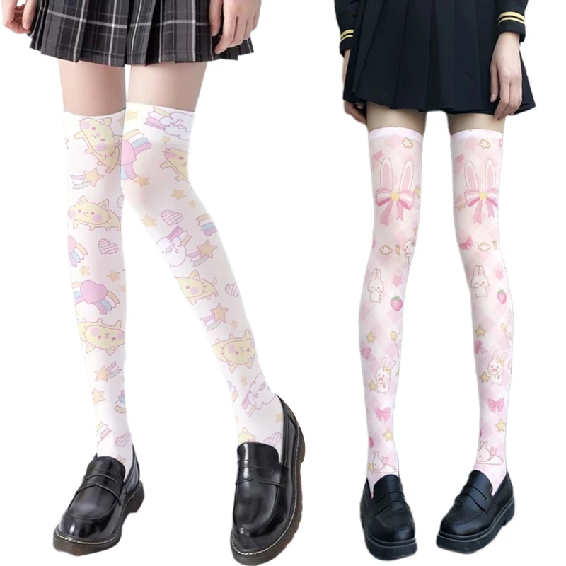 

Women Cartoon Rabbit for Cat Printed Thigh High Stockings Japanese Anime Strawberry Bow Cosplay Over Knee Long