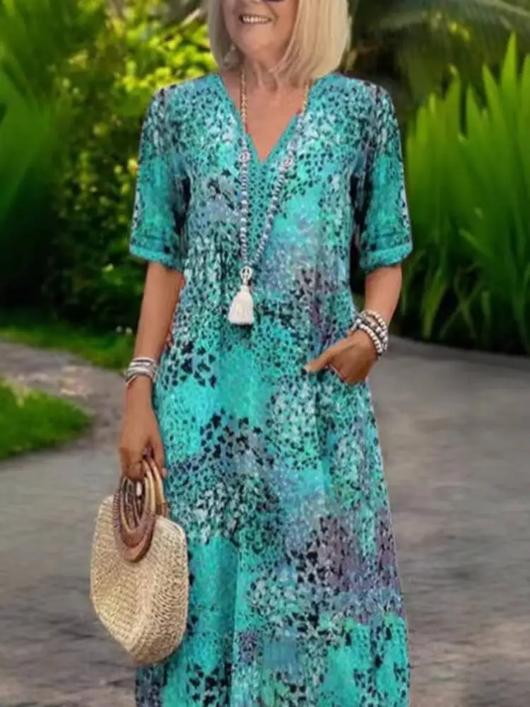 فستان أنيق بياقة V من الدانتيل وأكمام قصيرة وتصميم فضفاض مع تزيين زهري أنيق وتنورة متوسطة الطول بأسلوب أوروبي لفصلي الربيع وا...