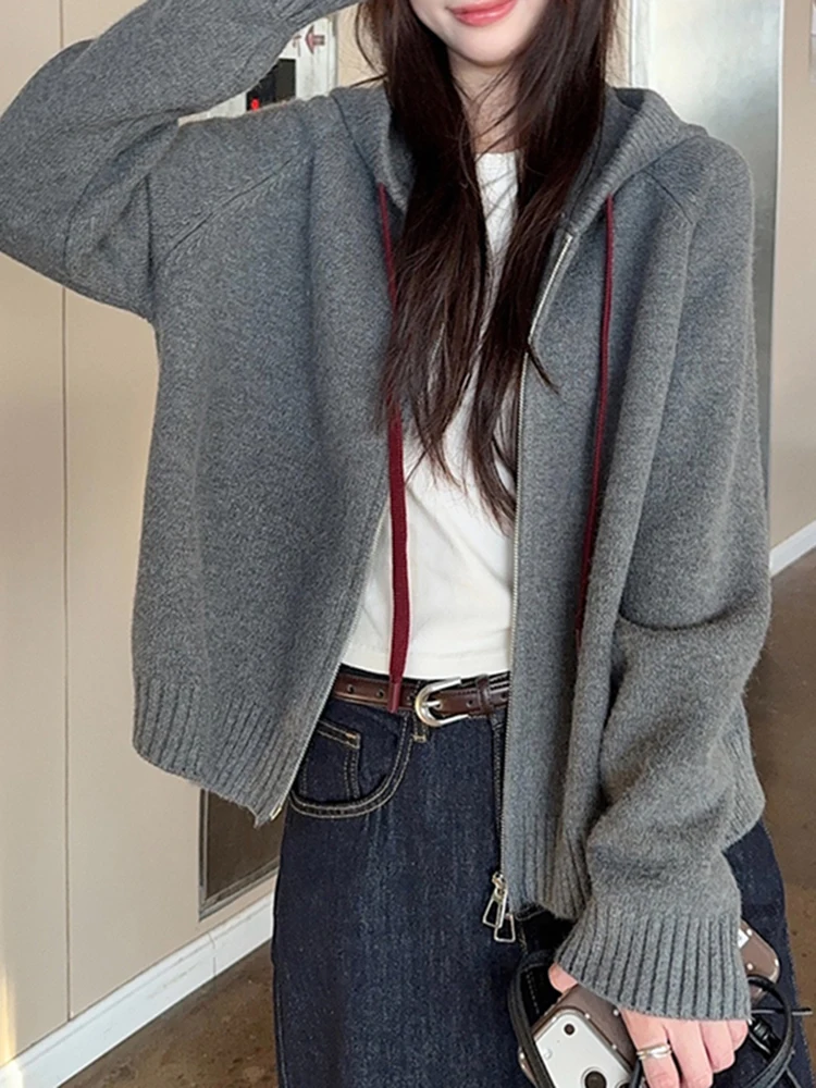 Ladies' Loose Fit Zipper Knitted Hoodie Outerwear Autumn Winter Casual Sle Long Sve Thiened Sweater Coat for Women