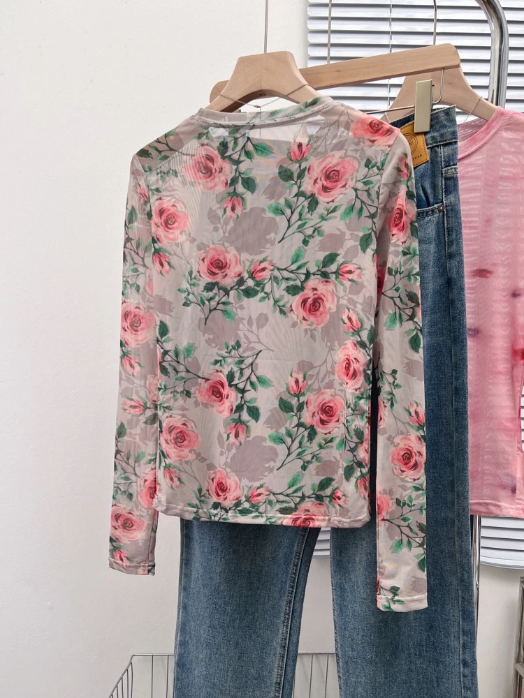 Letnia koszulka damska w stylu retro z nadrukiem, dopasowany krój, długi rękaw, okrągły dekolt, ochrona przed słońcem, lekka, designerska...