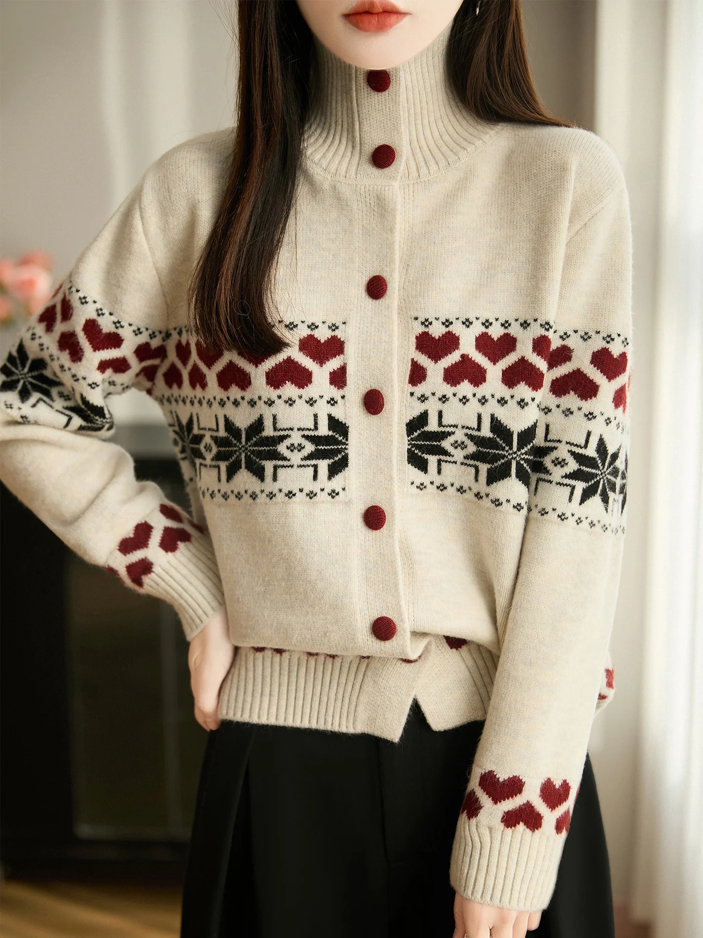 

2026 New Red Knitted Open Cardigan Sweater Women's Outerwear Loose Long Sleeve High Collar Thermal Top Soft Knit Casual Style