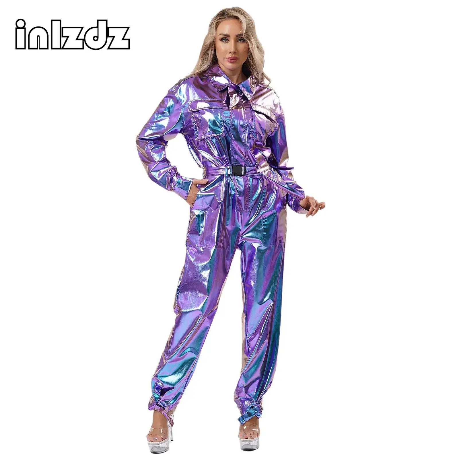 

Womens Shiny Metallic Overalls Bodysuit Long Sleeves High Waist Jumpsuit with Waistband Fashion Halloween Cosplay Party Costumes