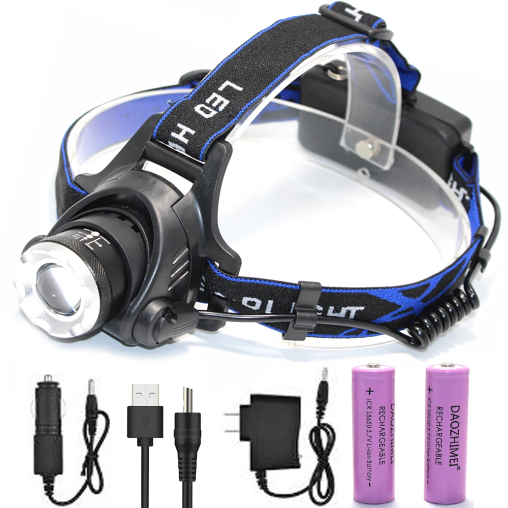 5000lumen Zoom LED Headlight T6 L2 led rechargeable Headlamps camping Torch Fishing Light Use 2x 18650 Battery Car Charger