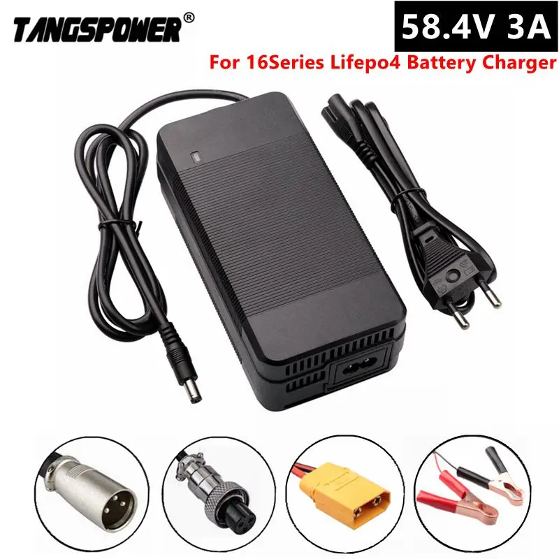 58.4V 3A Lifepo4 Battery Charger For 16Series 51.2V Iron Phosphate 48V Fast Charging Crocodile Clip XT60 XT90 XLR GX16 Connector