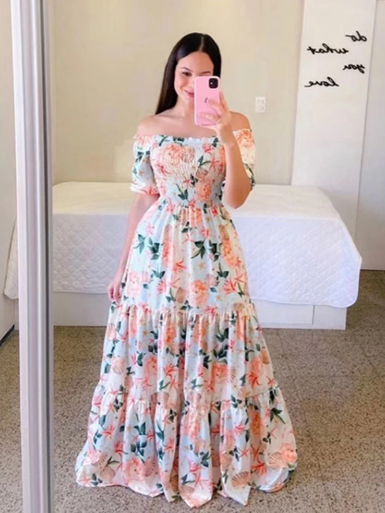 Spring Summer Sexy Off Shoulder Maxi Dress Woman Fashion Flower Print Short Sleeve Dresses For Women 2023 Elegant Party Robe