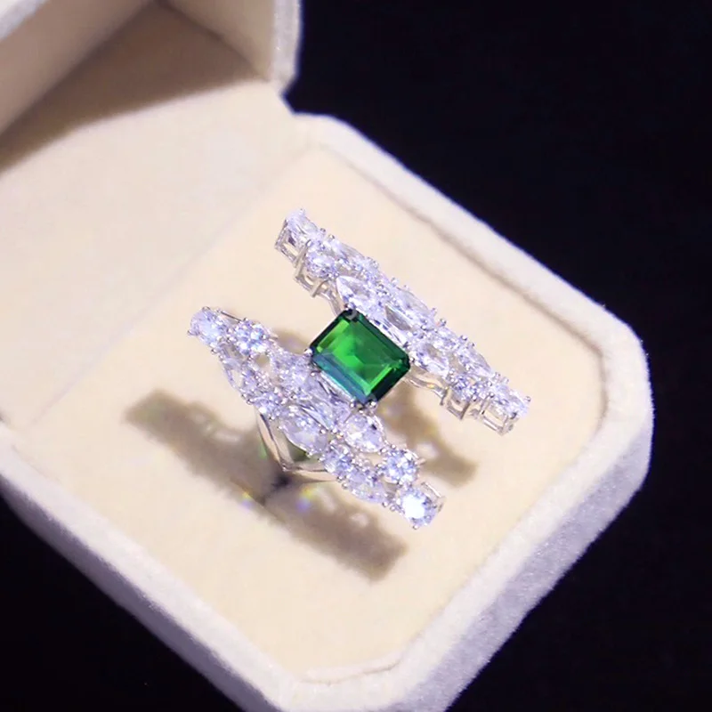 ZOCA Genuine 925 Sterling Silver Green Zircon Open Ring Women's Boutique Jewelry Shining Luxury Gift Party