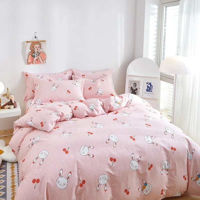 Cute Cartoon Rabbit Duvet Cover Twin Queen Cotton Kawaii Fruit Cherry Comforter Cover 3 Piece Soft Reversible Pink Bedding Set