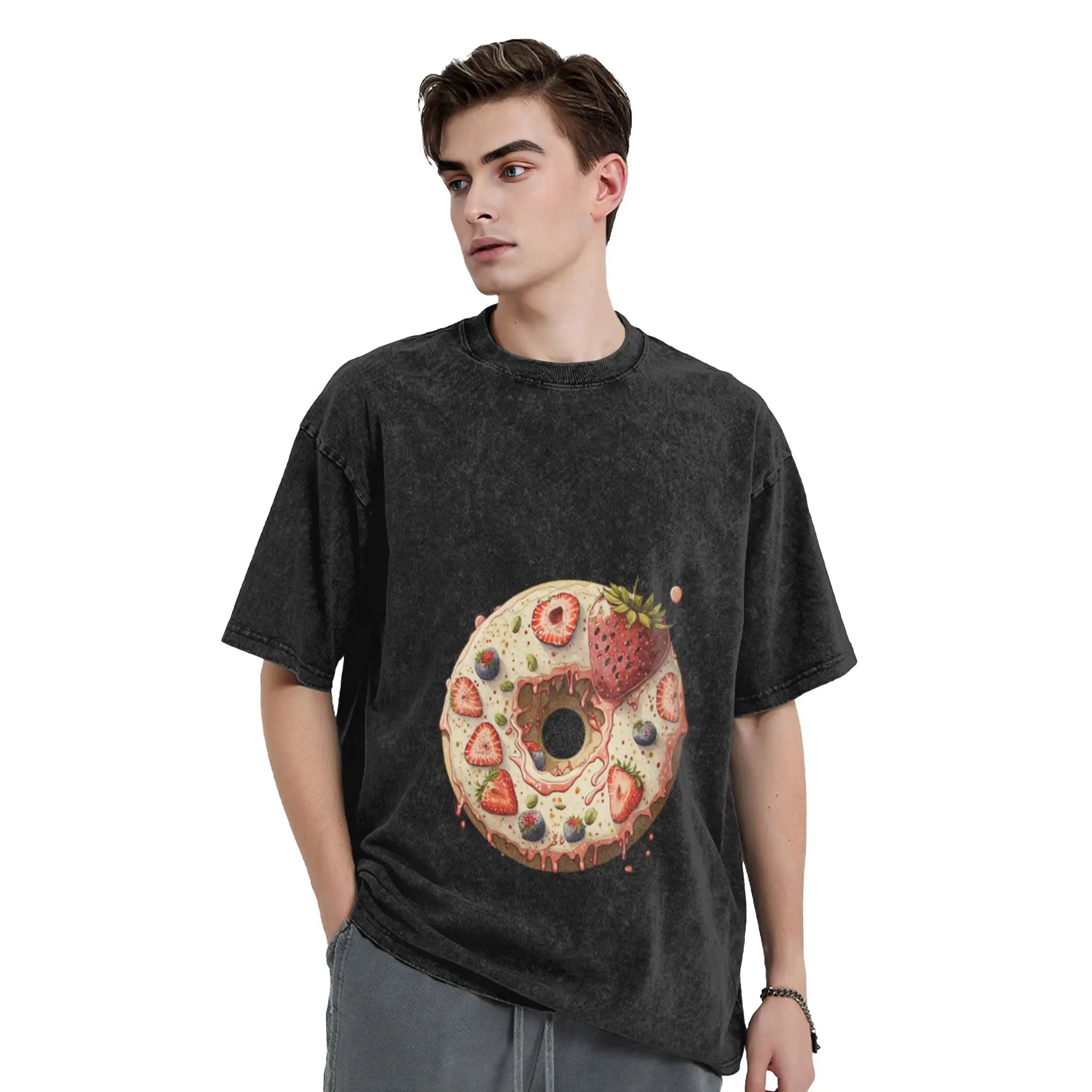Donut with red strawberries Unique Chic A T-Shirt Oversized Short Sleeve Men's Women's Cotton Tees Tops