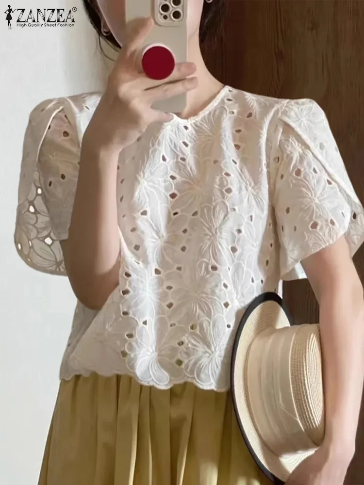 ZANZEA Korean Short Sleeve Blouse Women Fashion Petal Short Sleeve Tops Shirt Sweety Floral Hollow Out Blusas Casual Solid Tunic