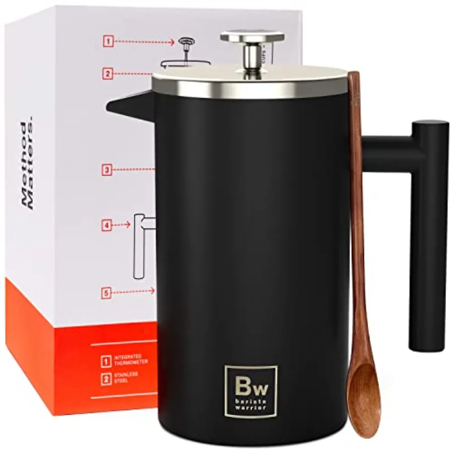 

Кофеварка French Press из нержавеющей стали со встроенным термометром - Двухслойная конструкция с термоизоляцией, система двойного фильтра, сохранение холода