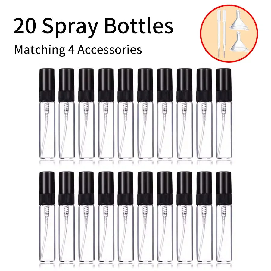 20 szt. 4 akcesoria 5 ml Mini perfumy w sprayu Szklane butelki z 20 butelkami z rozpylaczem, 2 lejki, 2 zakraplacze