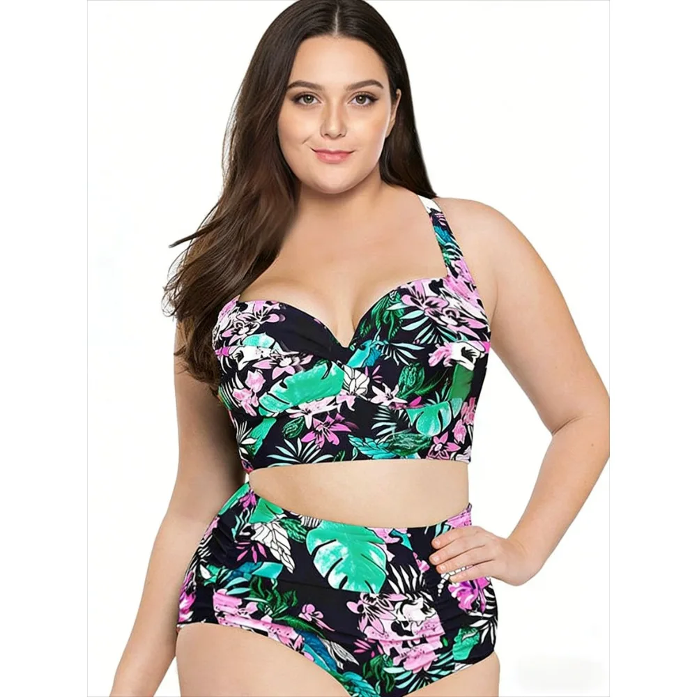 ハイウエストビキニセット-花柄プリントと無地のツーピース水着、女性用、お腹を引き締める水着、曲線美の女性向け