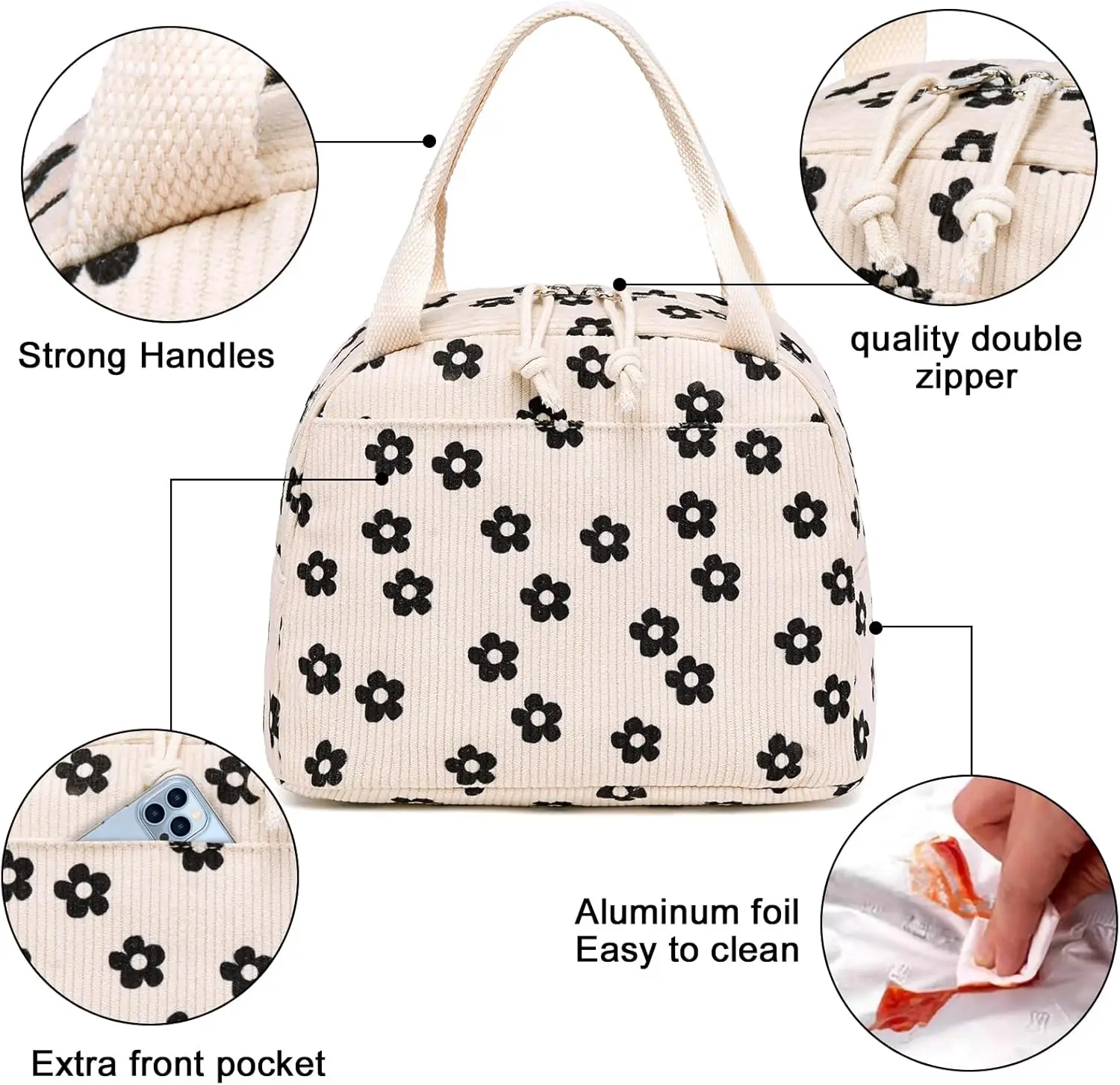 Cute Corduroy Lunch Tote Bags Reusable Insulated Lunch Box Large Capacity Reusable Insulated Cooler for Work Picnic or Travel