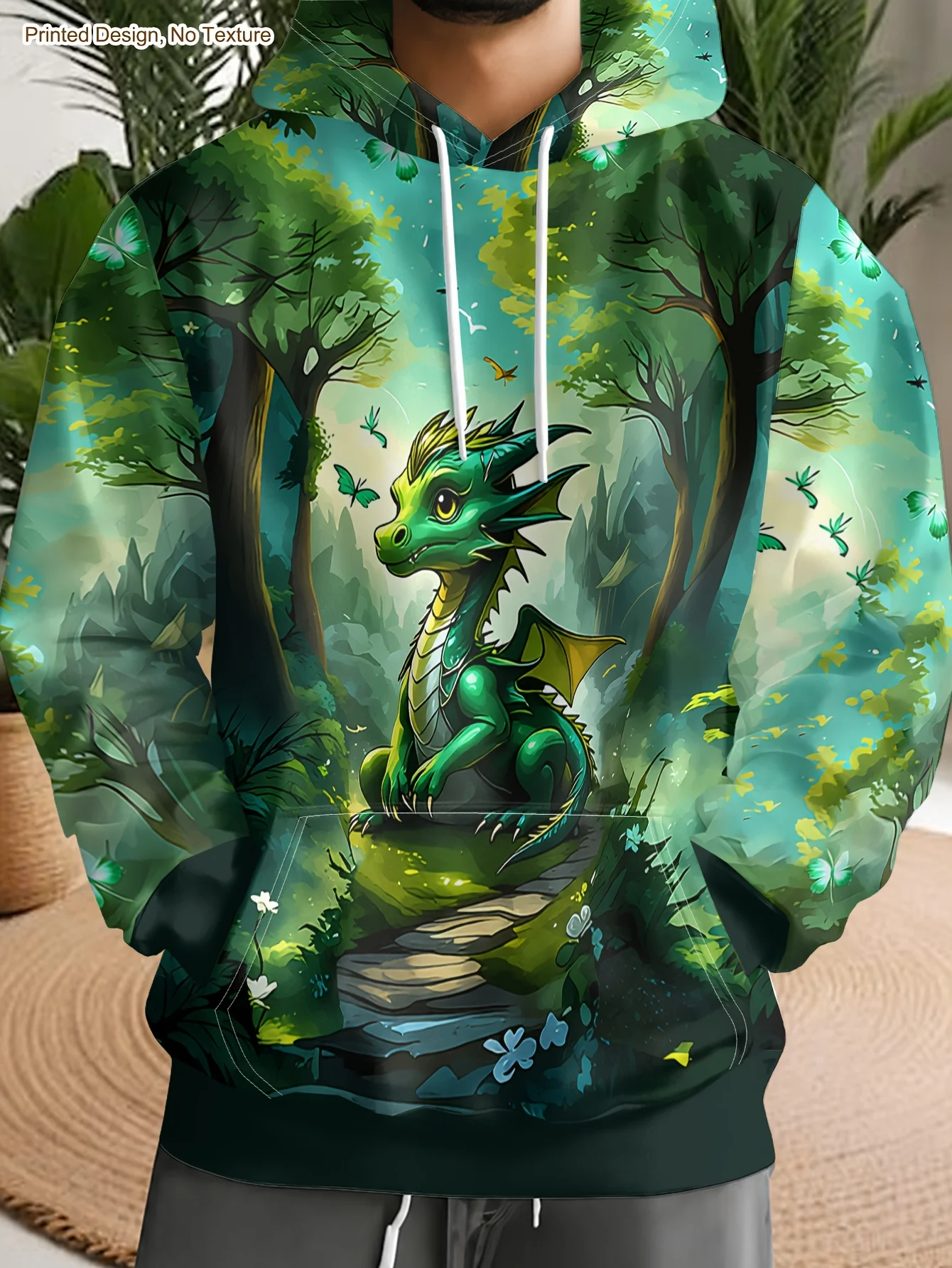 3D Print Hoodie Men Cute Green Dragon Forest Tree Butterfly Fantasy Scenery All Over Print Drawstring Casual Hooded Sweat Top