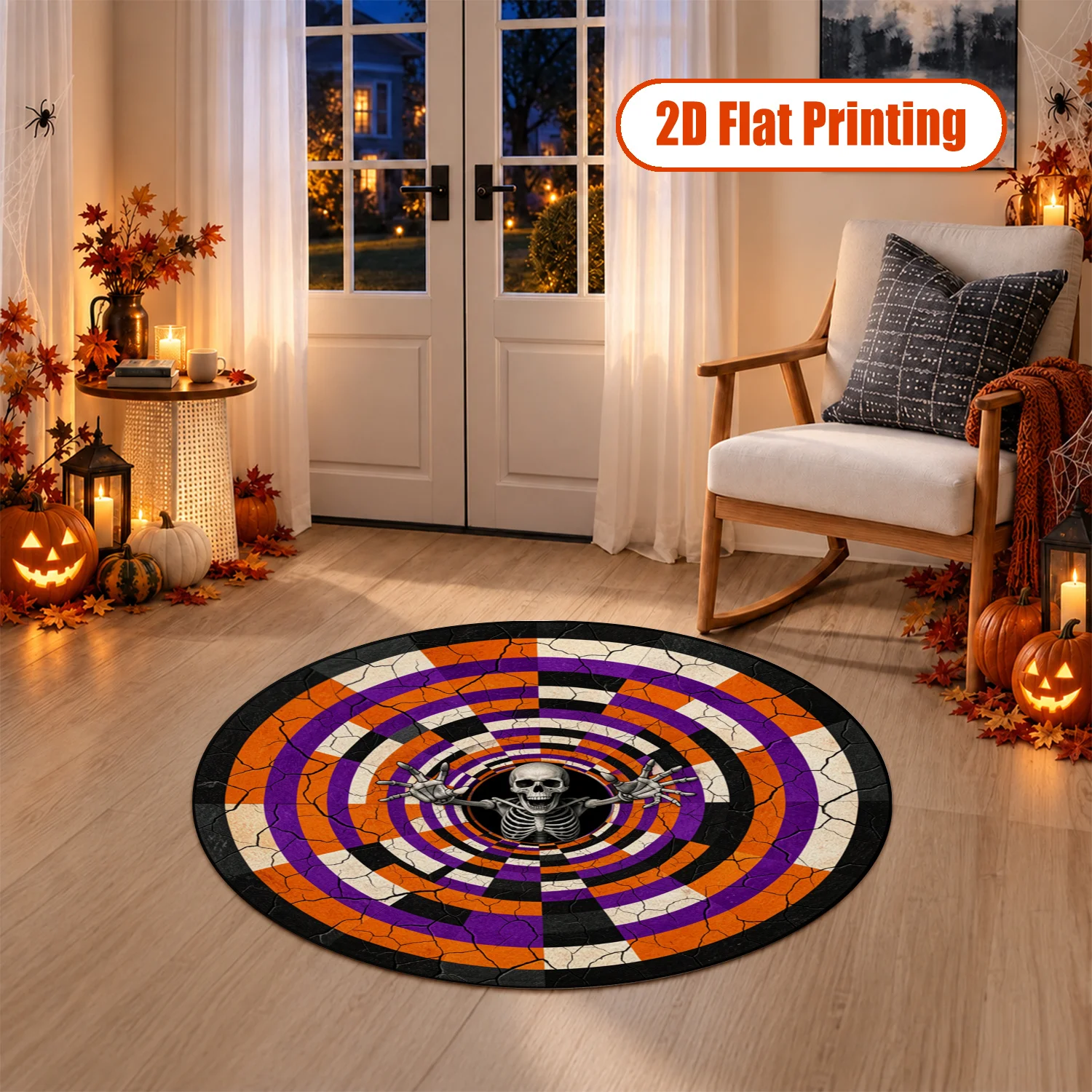 Skeleton Concentric Crack Print Round Velvet Rug Machine Washable for Living Room Dining Entryway Decor for Halloween Thanksgiving Christmas Black Friday New Year