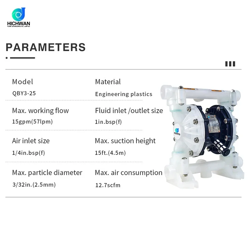 HICHWAN QBY3-25S Industrial Pneumatic Diaphragm Pump Acid-Resistant PP Air Diaphragm Pump for Water Motor Powered