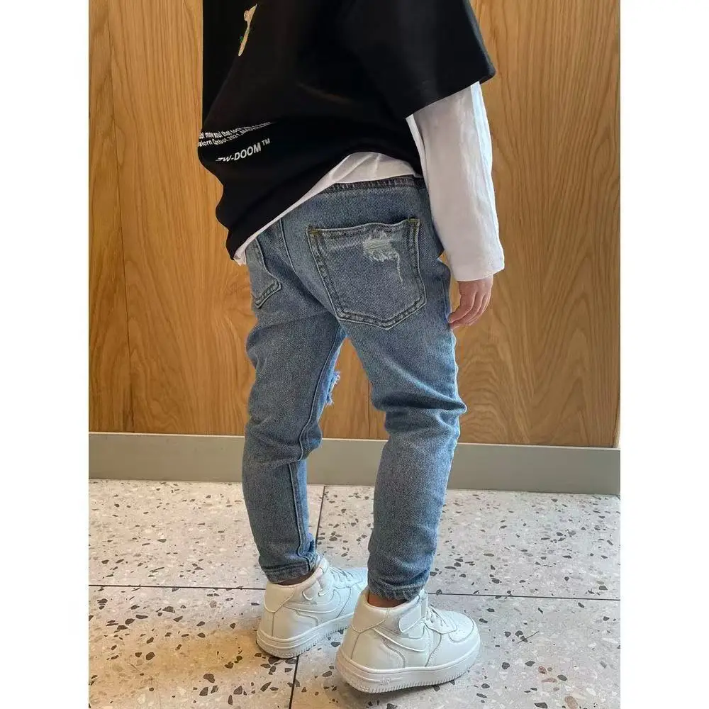 Boys' Ripped Jeans Spring and Autumn Korean Children's Baby Slim Pants  Kids Clothing 90-130cm