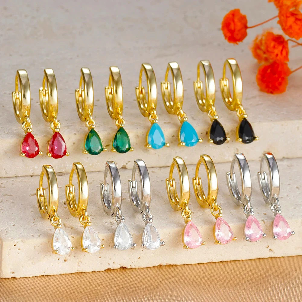 Fashion Colorful Zircon Water Drop Hoop Earring for Women Simple Geometry Stainless Steel Huggie Earring Piercing Jewelry aretes