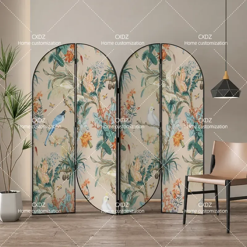 European American Style Folding Screen Partition Opaque Flower Bird Pattern Room Divider for Living Room Bedroom Bedside