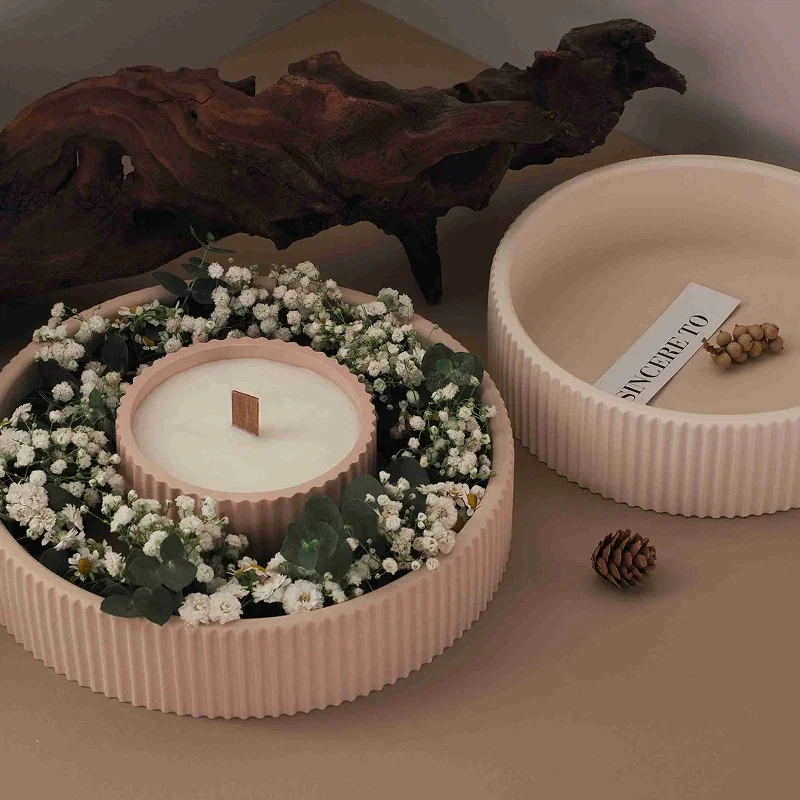 Soporte de vela de Aroma de disco a rayas, molde de silicona, bandeja de almacenamiento de joyas DIY, moldes de resina Base de maceta
