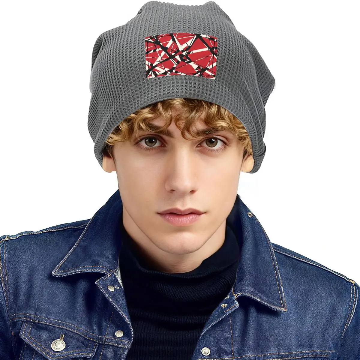 EVH Authentic Stripes Design (red) Waffle Knit Fleece Lined Beanie with PU Leather Patch Unisex Warm Winter Soft Cap