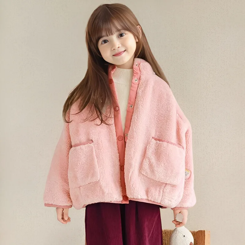 Girls Pink Fleece Coat Double Sides Turtleneck Long Sleeve Padded Jackets Oversize Children Winter Plush Outwear Kids Velvet Top