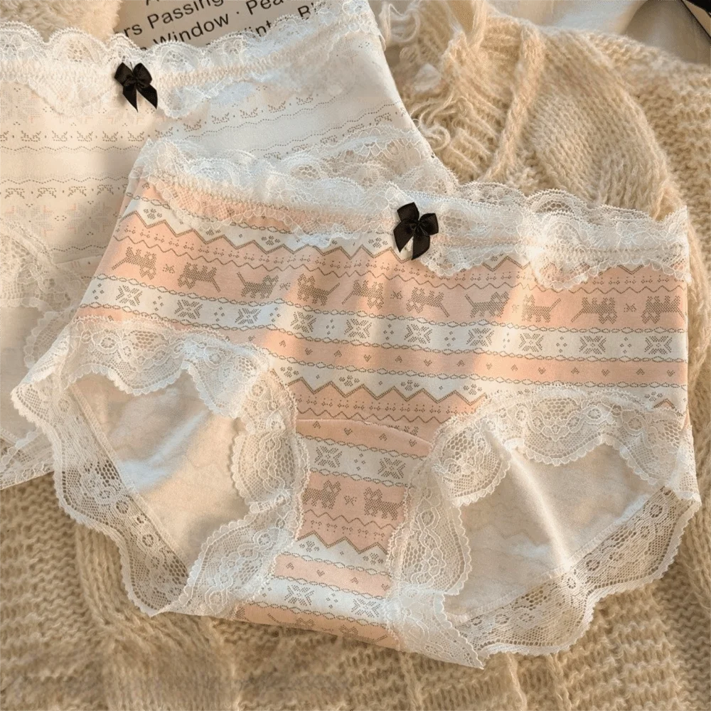 Patchwork Bow Cat Lace Flower Panties Mid Waist Sweet Strip Briefs Cotton Women Underwear Lady