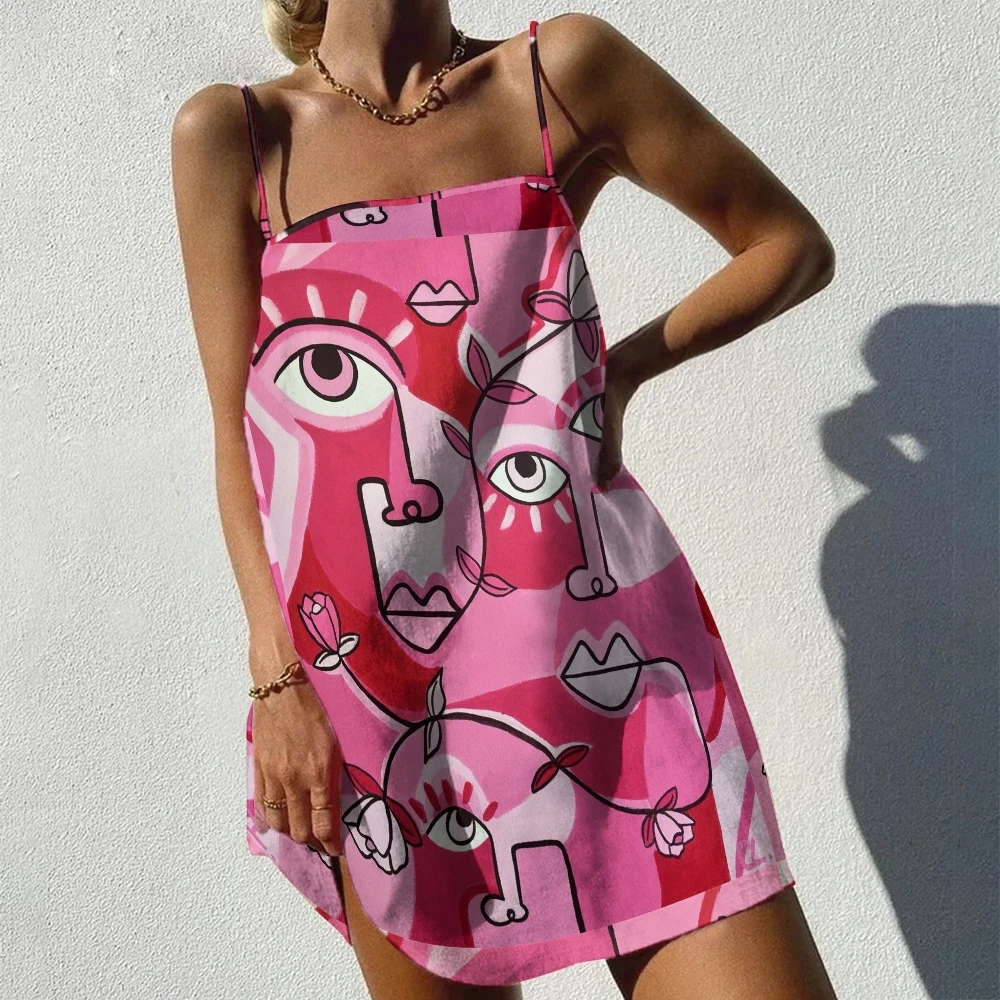 

Y2k Style Mini Dress Ladies Abstract Hand-Painted Eye Print Suspender Party Dresses 2024 Trendy Fashion Loose Skirt