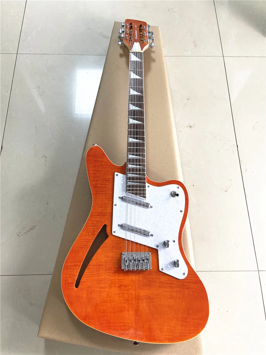 Custom orange 12 string electric guitar lipstick pickup semi hollow white guard free shipping