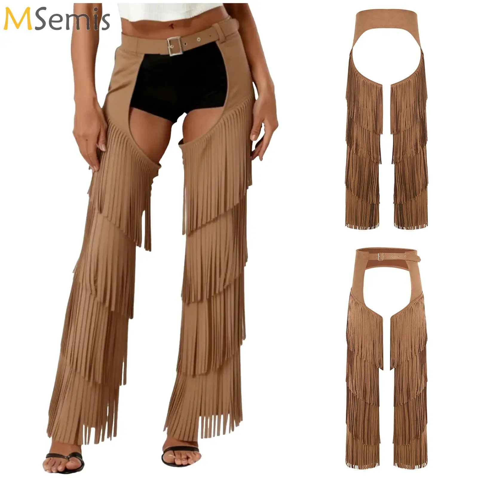

Womens Western Cowgirl Open Crotch Pants Layered Fringe Buttless Western Motorcycle Pants for Raves Themed Parties Carnivals