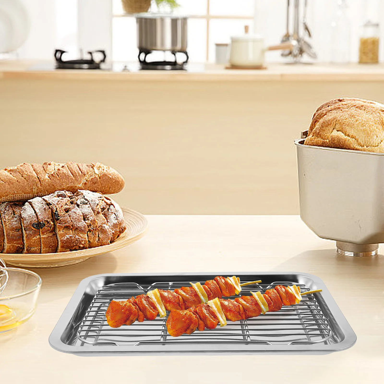 

1 Set Stainless Steel Cooling Rack Storage Tray Food Plate For Baking Wire Rack Sheet Pan Oil Draining Fried Chicken Serving